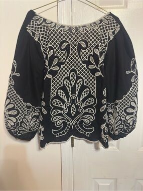 Cato Black Blouse with White Embroidered Motifs